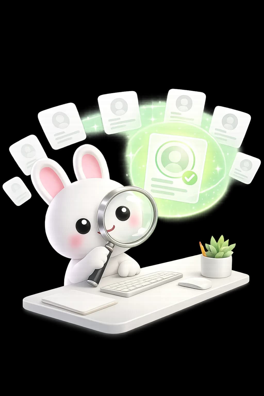 Rezoomed mascot scanning candidate profiles with a magnifying glass, one highlighted as a strong match