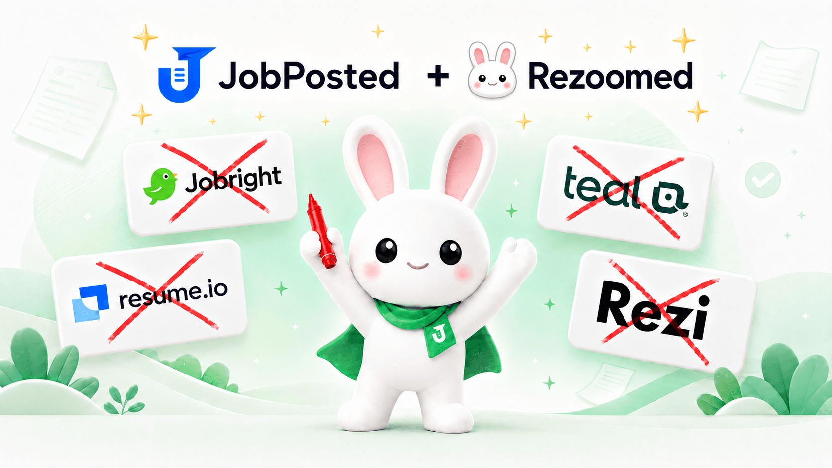 JobPosted plus Rezoomed comparison artwork with the Rezoomed bunny holding a red marker and crossing out competitor cards